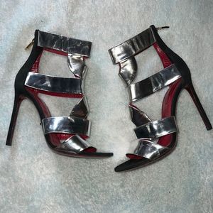 Cesare Paciotti metallic silver leather wave cut out heels